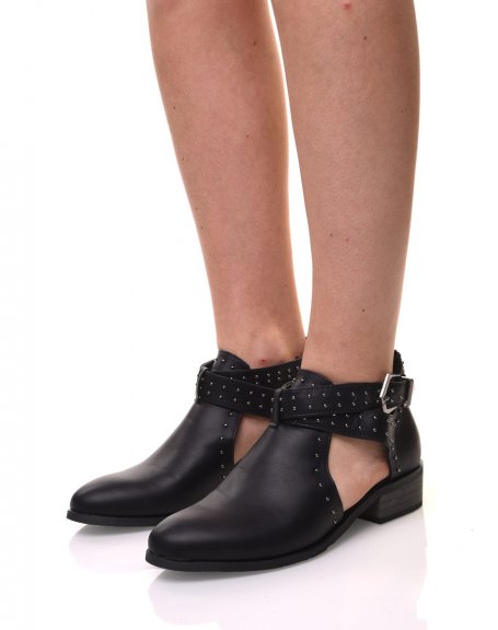 Studded openwork flat black ankle boots
