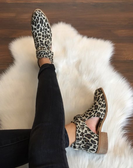 Studded openwork flat leopard ankle boots