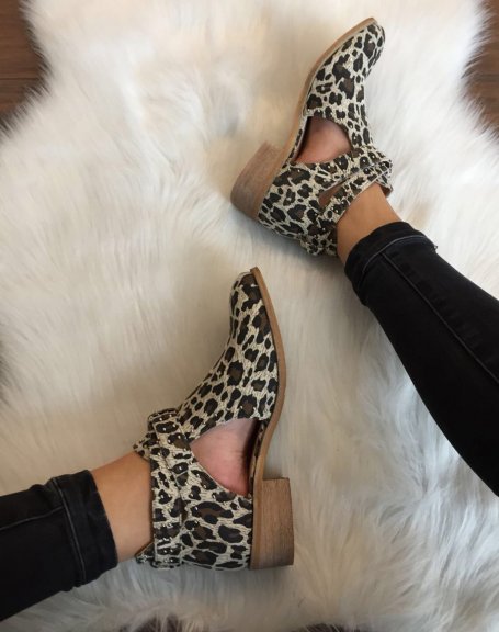 Studded openwork flat leopard ankle boots
