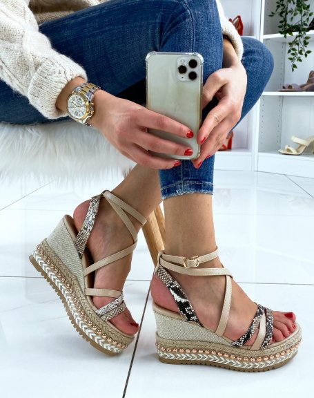 Studded wedges with multiple beige python-effect straps