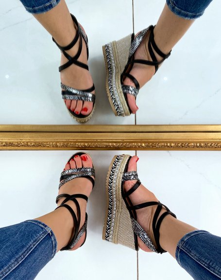 Studded wedges with multiple black python-effect straps