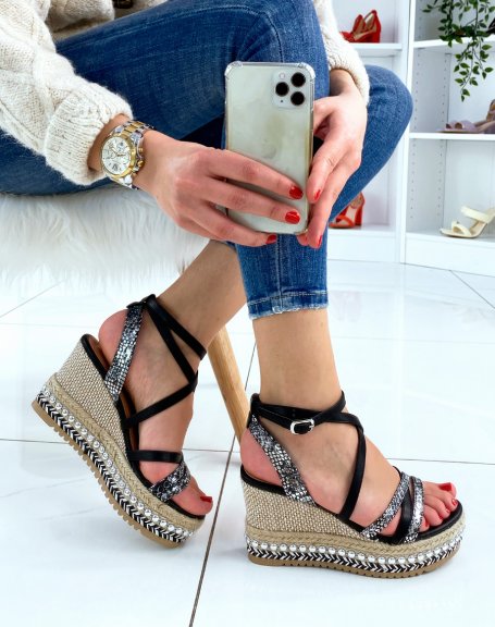 Studded wedges with multiple black python-effect straps