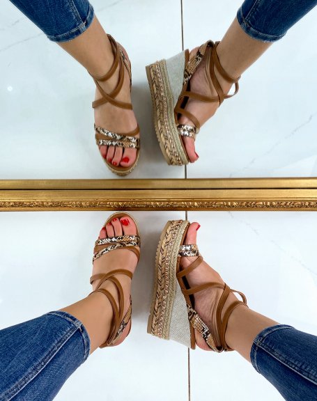 Studded wedges with multiple camel python-effect straps