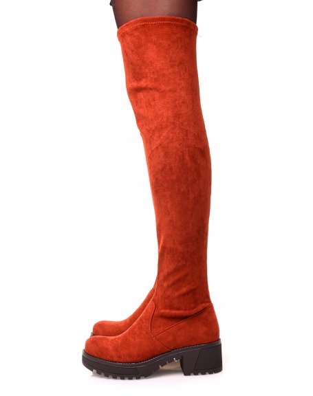 Suede-effect rust thigh-high boots