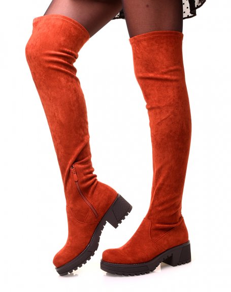 Suede-effect rust thigh-high boots