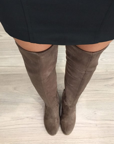Suedette taupe wedge thigh-high boots