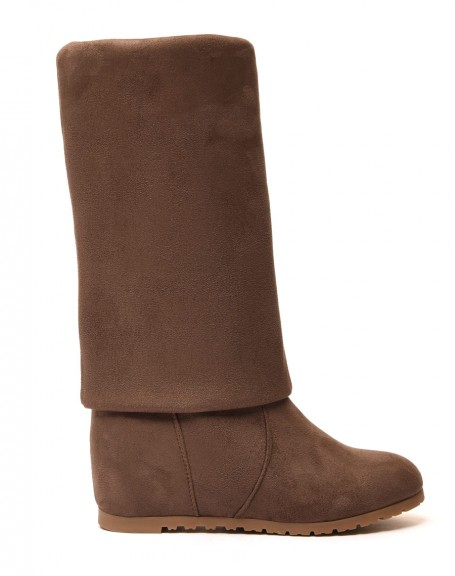 Suedette taupe wedge thigh-high boots