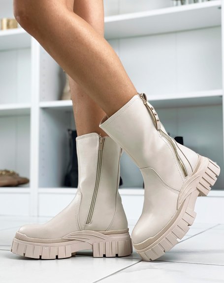 Tall beige ankle boots with zip