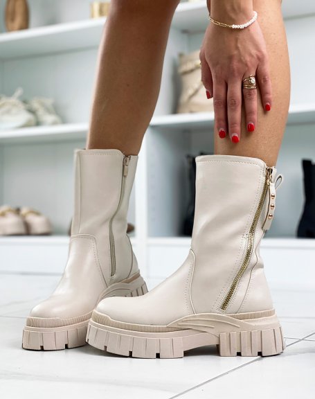 Tall beige ankle boots with zip