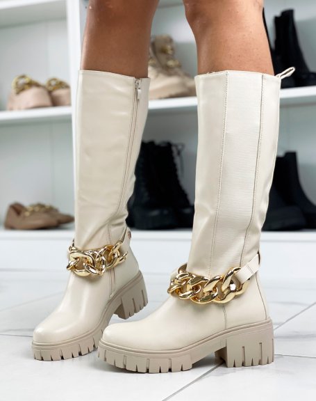 Tall beige boots with elastic and golden chain