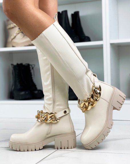 Tall beige boots with elastic and golden chain