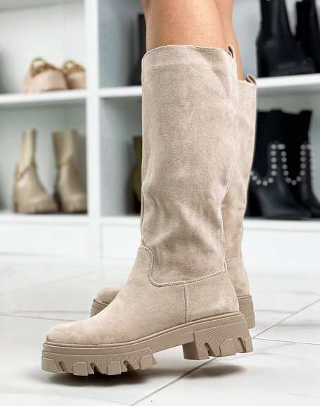 Tall beige suedette boots with chunky lug sole