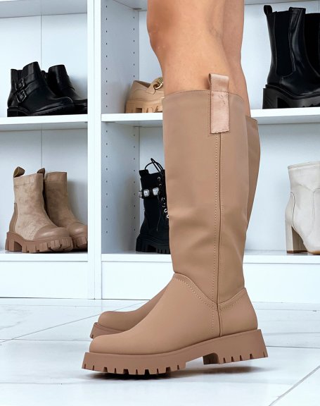 Tall dark beige rubber boots with fabric insert