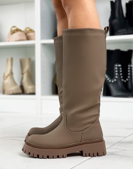 Tall dark brown gummed boots with chunky sole