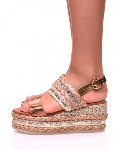 Tan and wicker wedge sandals
