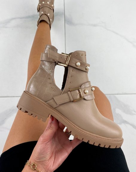 Taupe ankle boots with beaded straps