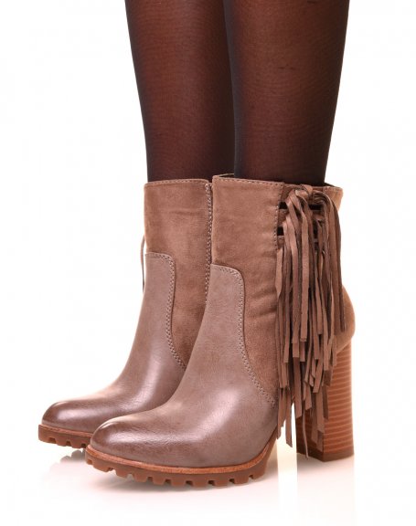 Taupe ankle boots with fringes and high heels