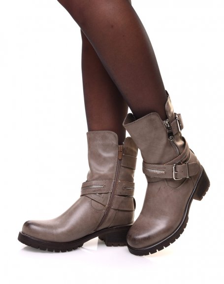Taupe ankle boots with multiple straps & zipped details