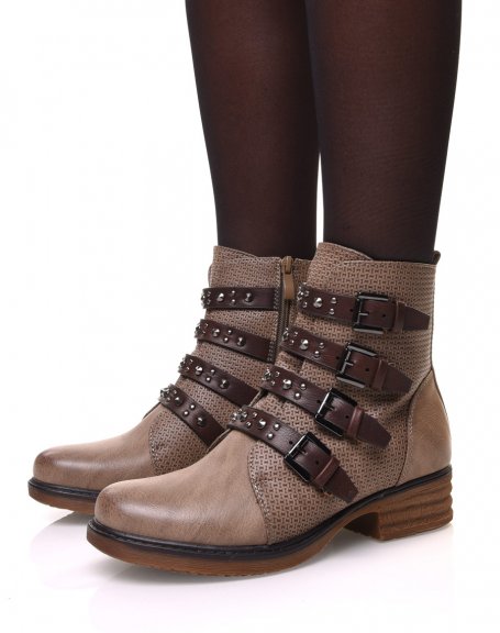 Taupe ankle boots with multiple studded straps