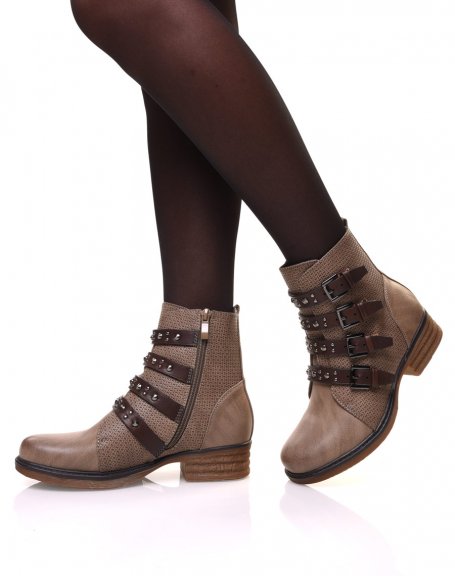 Taupe ankle boots with multiple studded straps