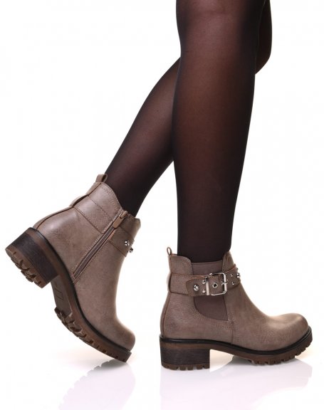 Taupe ankle boots with straps adorned with rhinestones and small studs