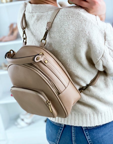 Taupe backpack with dark gold zips
