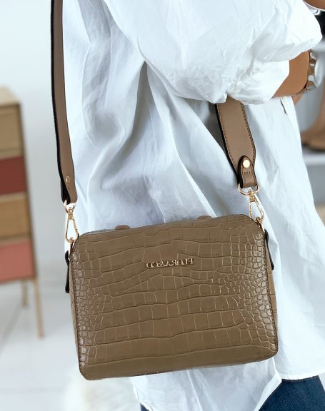 Taupe beige croc-effect square shoulder bag