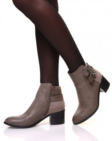 Taupe bi-material ankle boots with heel