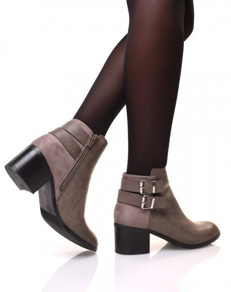 Taupe bi-material ankle boots with heel