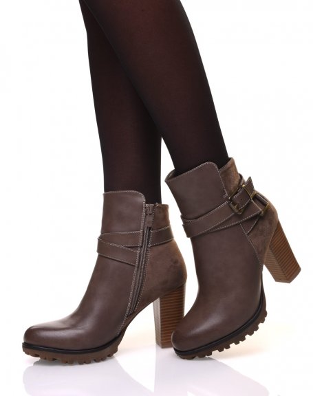 Taupe bi-material ankle boots with high heel