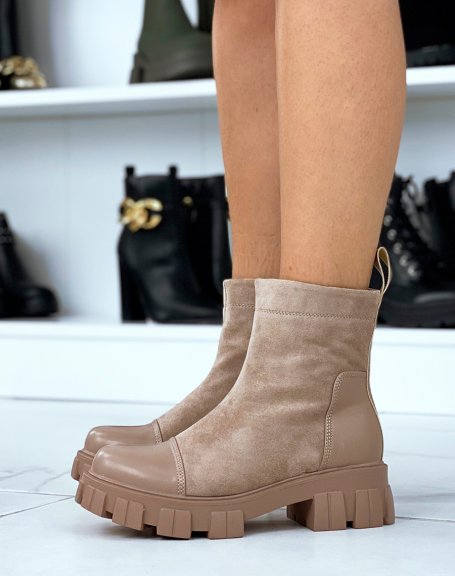Taupe bi-material suede ankle boots