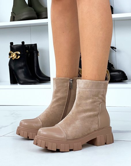 Taupe bi-material suede ankle boots