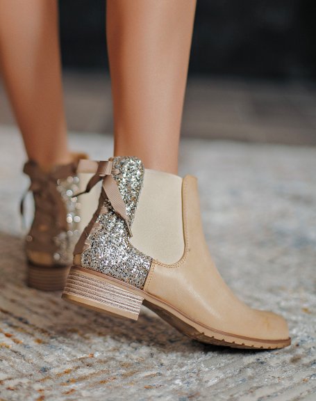 Taupe Chelsea boots with sequins and bow