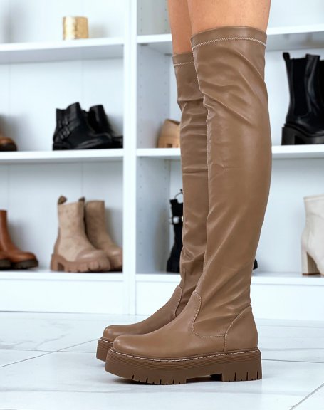 Taupe Chunky Platform Over The Knee Boots
