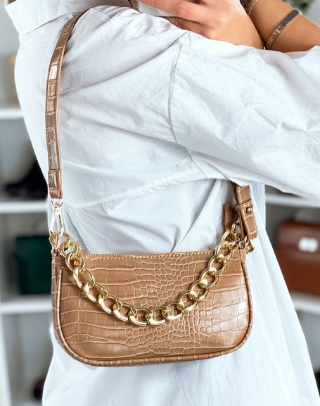 Taupe crocodile-effect handbag with golden chain