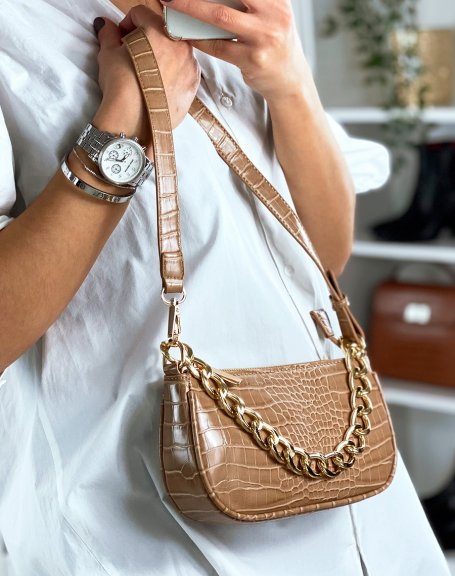 Taupe crocodile-effect handbag with golden chain