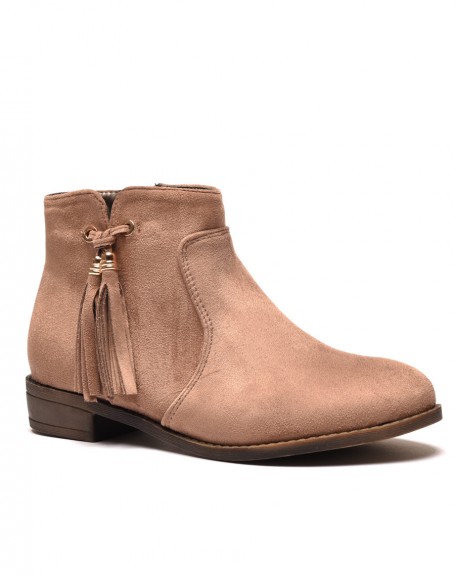 Taupe flat ankle boots with fringed pompoms