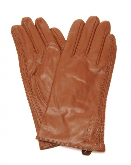 Taupe leather gloves LuluCastagnette embroidered