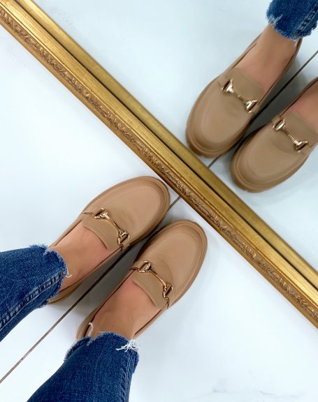 Taupe loafers with chunky, notched soles