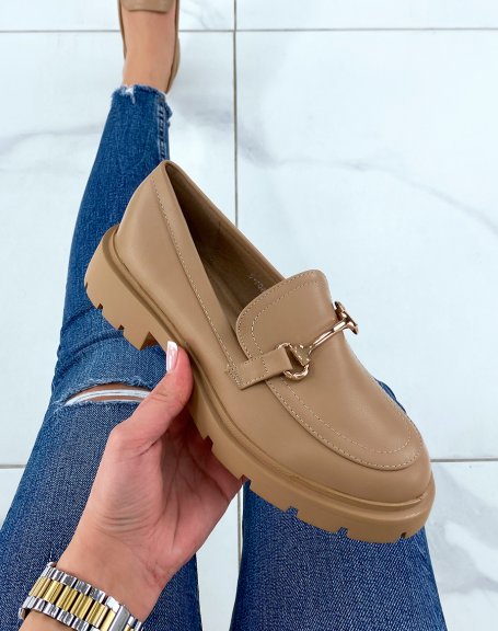Taupe loafers with chunky, notched soles
