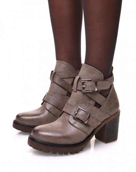 Taupe openwork ankle boots with multiple straps