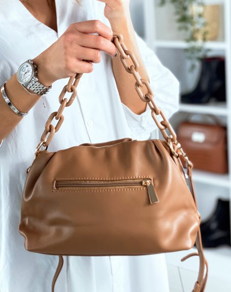 Taupe satchel-shaped handbag with faux chains