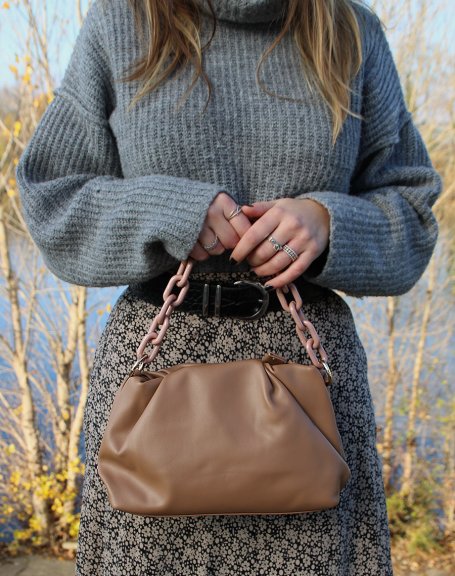 Taupe satchel-shaped handbag with faux chains