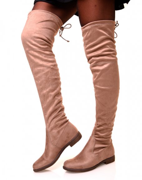 Taupe suede adjustable thigh-high boots