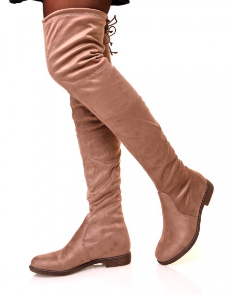 Taupe suede adjustable thigh-high boots