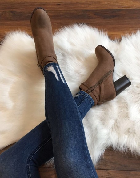 Taupe suede ankle boots with decorative strap