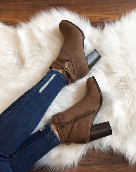 Taupe suede ankle boots with decorative strap