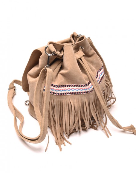 Taupe suede-effect backpack with edging and fringes