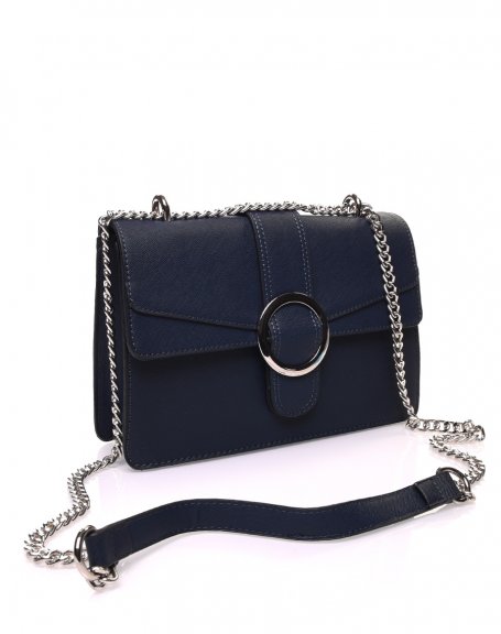 Textured navy blue double flap handbag