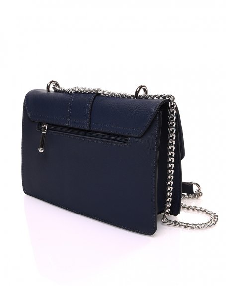 Textured navy blue double flap handbag
